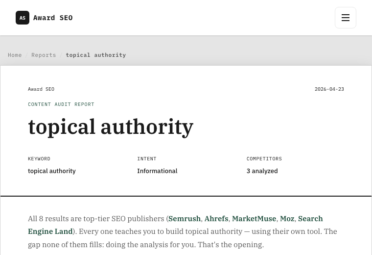Sample Award SEO competitor analysis report — topical authority